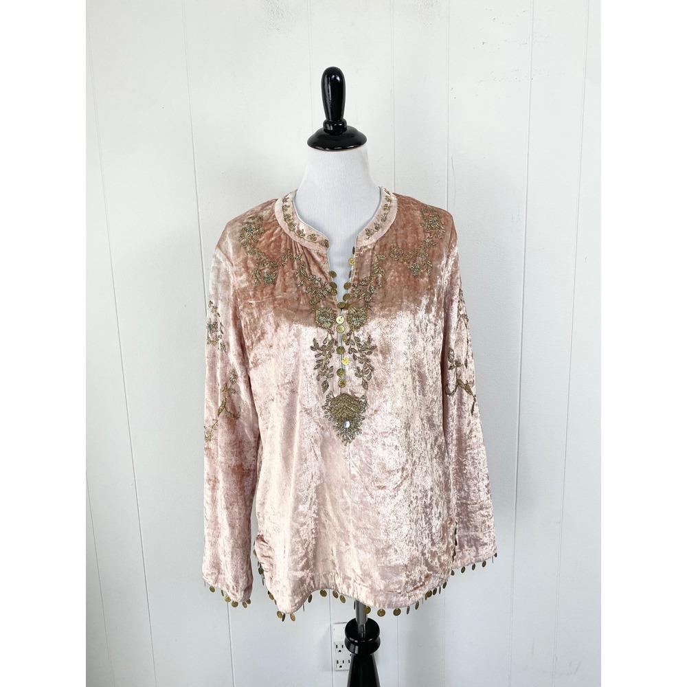 Boston Proper Women's Sz L Pink Crushed Velvet Embroidered Coin Trim Tunic Top